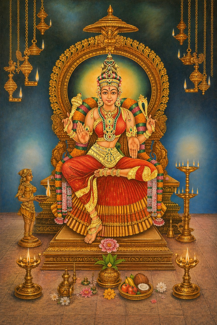 Darshan of The Divine Vigraha Of The Divine Mother Maa BhuvanEswari, Enthroned in gold, the lamps hanging above